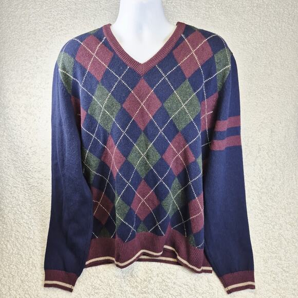 Brooks Brothers 346 Sweater Men’s XL Lambswool Argyle V-Neck Pullover Navy - Picture 1 of 7